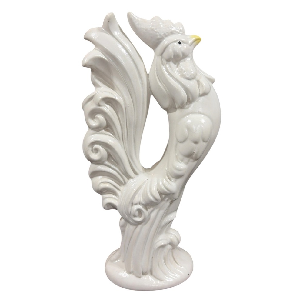 Vintage White Ceramic Rooster Figurine 12" Mid Century Modern Farmhouse Statue